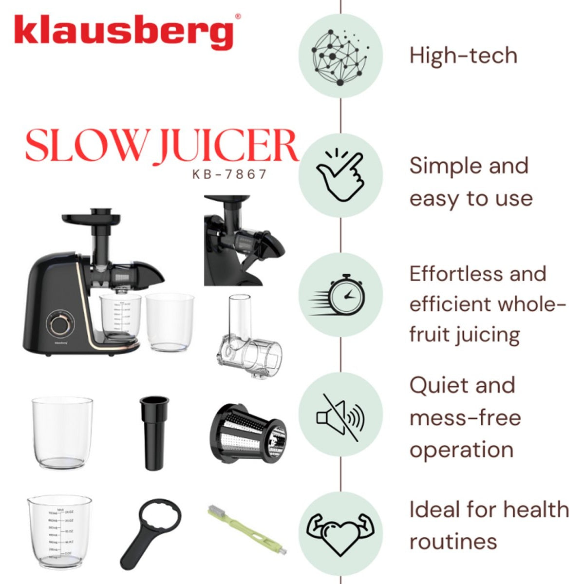 Klausberg Slow Juicer KB-7867 – 150W | 700 ml | Cold Press | Groenten en Fruitpers – Roségouden Accenten | Luxe Design & Hoog Saprendement