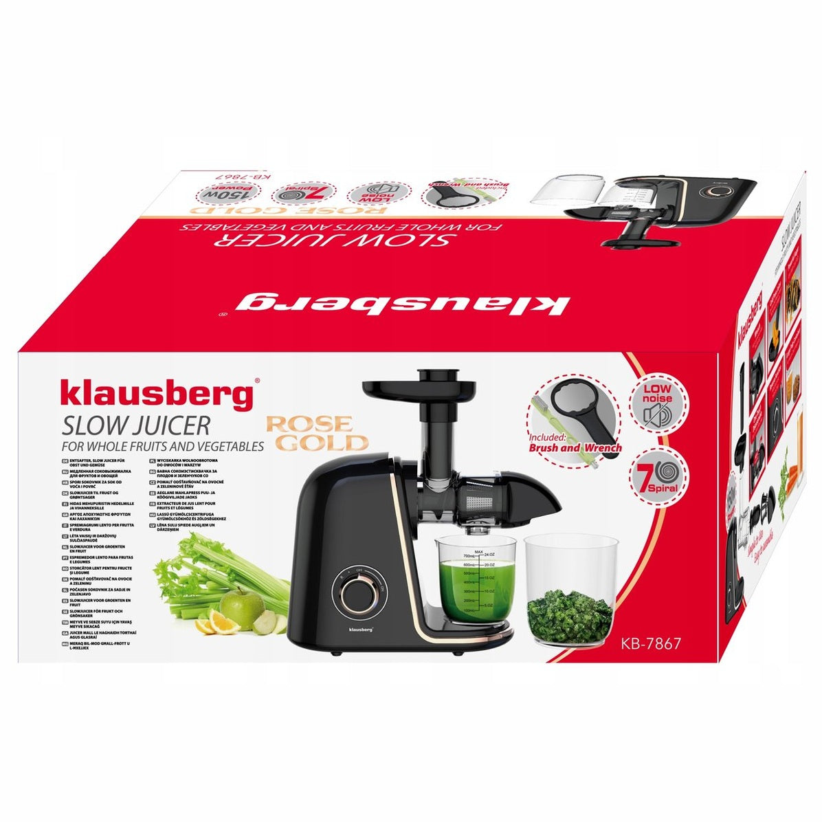 Klausberg Slow Juicer KB-7867 – 150W | 700 ml | Cold Press | Groenten en Fruitpers – Roségouden Accenten | Luxe Design & Hoog Saprendement