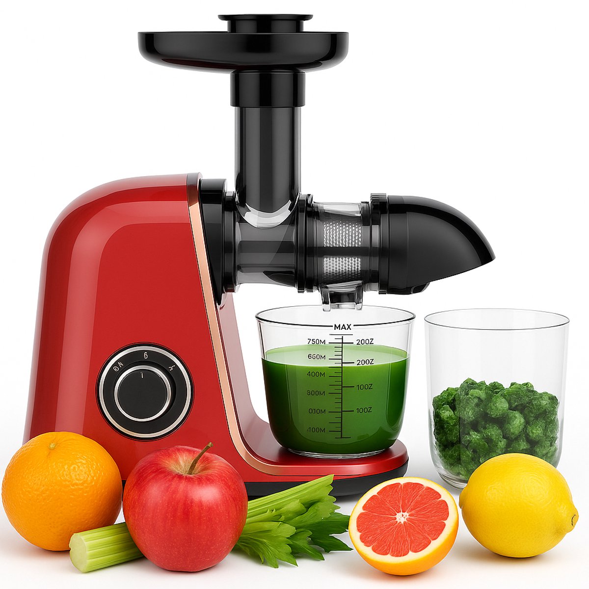 Klausberg Slowjuicer – 150W - 700ml - Groenten en Fruitpers – Met Pulpreservoir | Kersenrood | Juice Maker - Juicer met 7-Traps Perssysteem