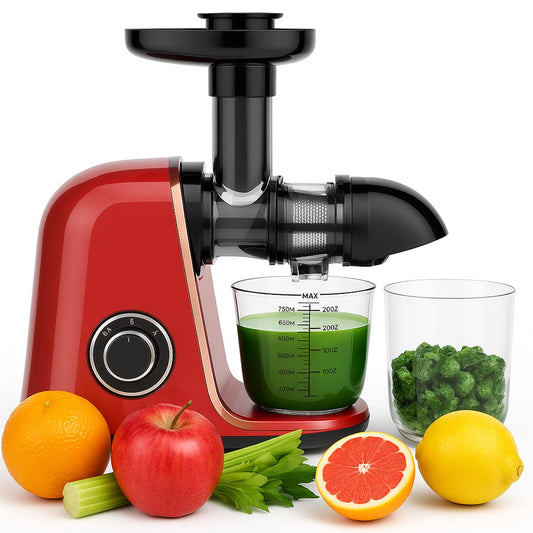 Klausberg Slowjuicer – 150W - 700ml - Groenten en Fruitpers – Met Pulpreservoir | Kersenrood | Juice Maker - Juicer met 7-Traps Perssysteem
