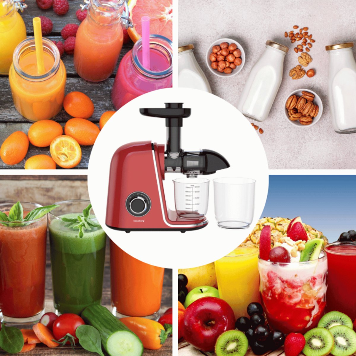 Klausberg Slowjuicer – 150W - 700ml - Groenten en Fruitpers – Met Pulpreservoir | Kersenrood | Juice Maker - Juicer met 7-Traps Perssysteem