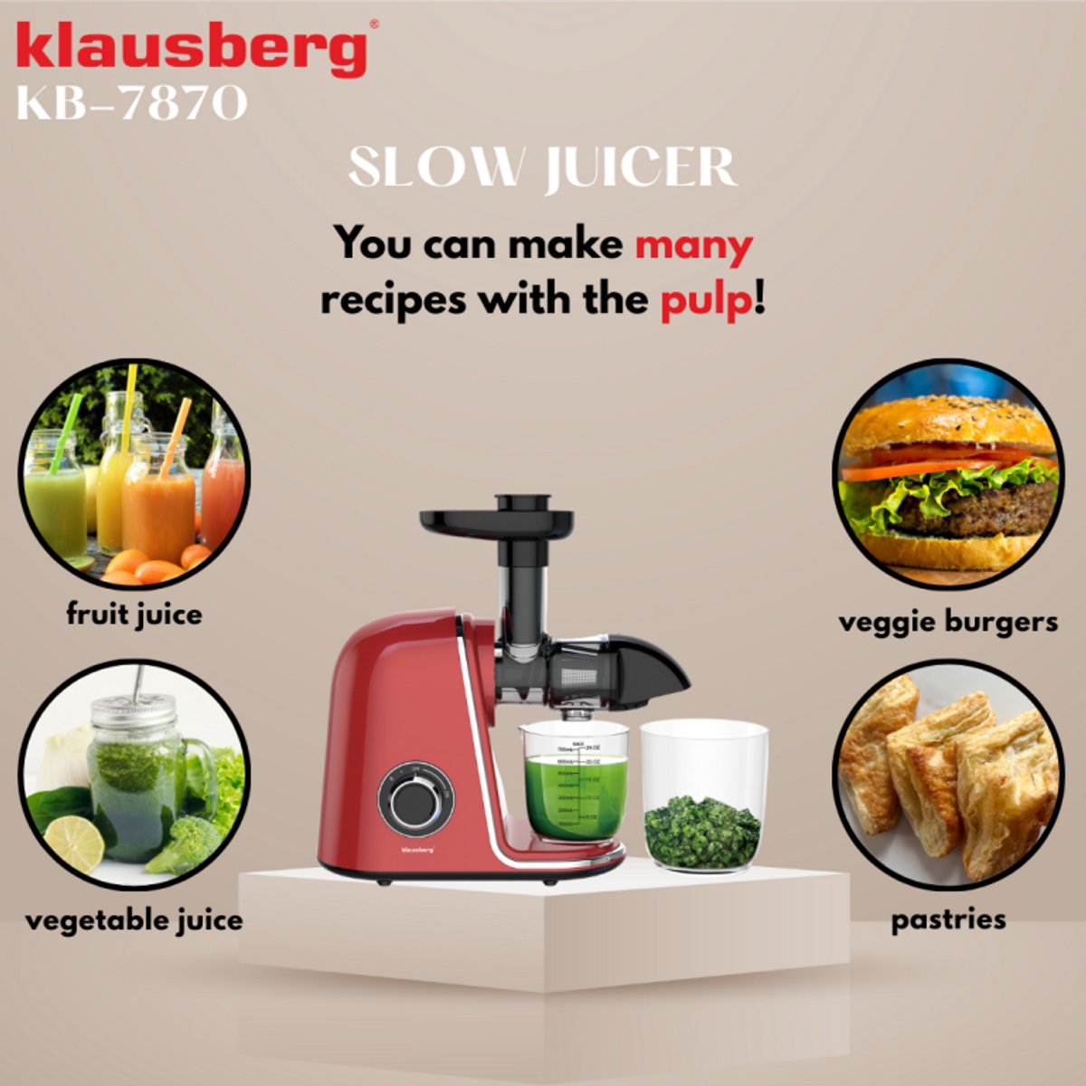 Klausberg Slowjuicer – 150W - 700ml - Groenten en Fruitpers – Met Pulpreservoir | Kersenrood | Juice Maker - Juicer met 7-Traps Perssysteem