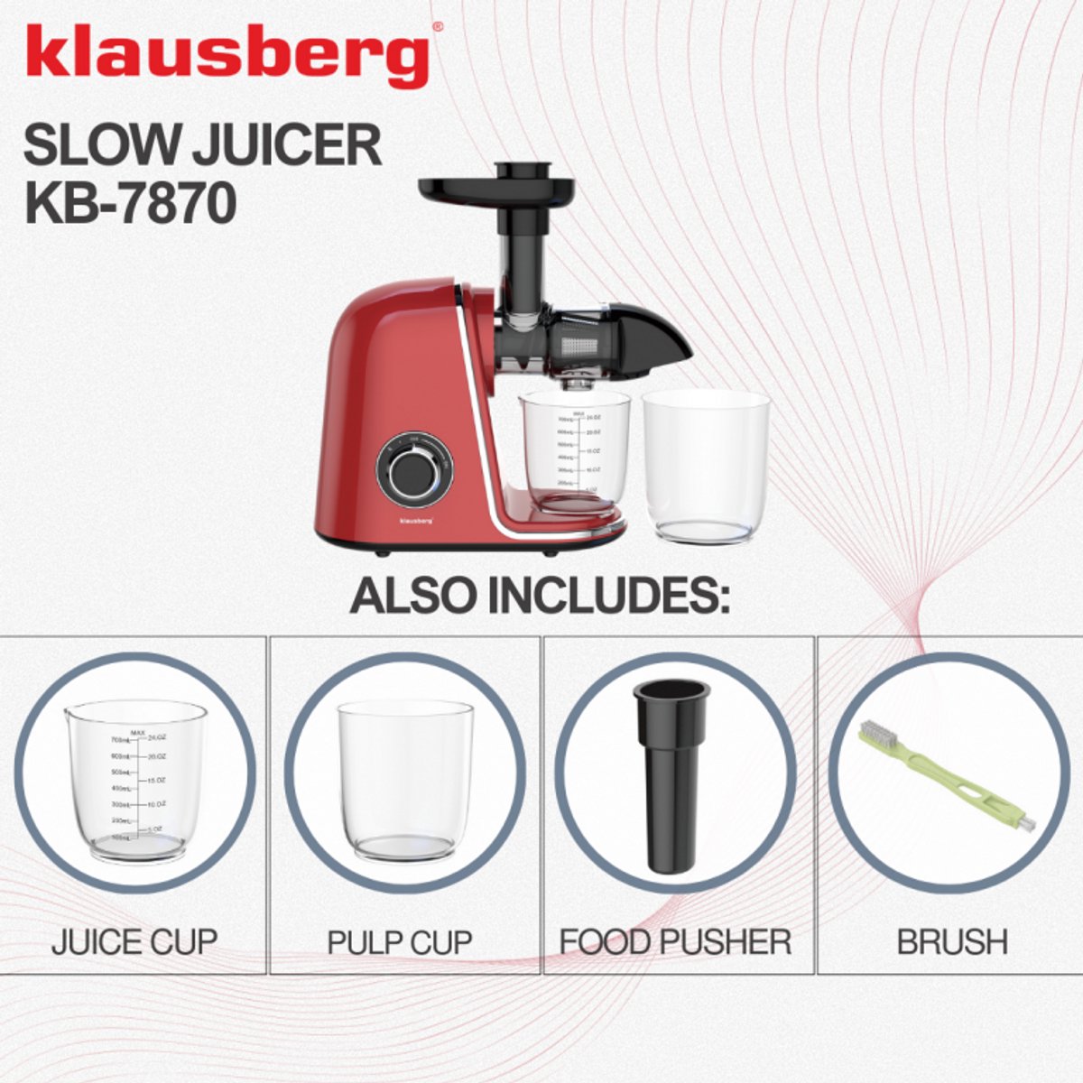 Klausberg Slowjuicer – 150W - 700ml - Groenten en Fruitpers – Met Pulpreservoir | Kersenrood | Juice Maker - Juicer met 7-Traps Perssysteem