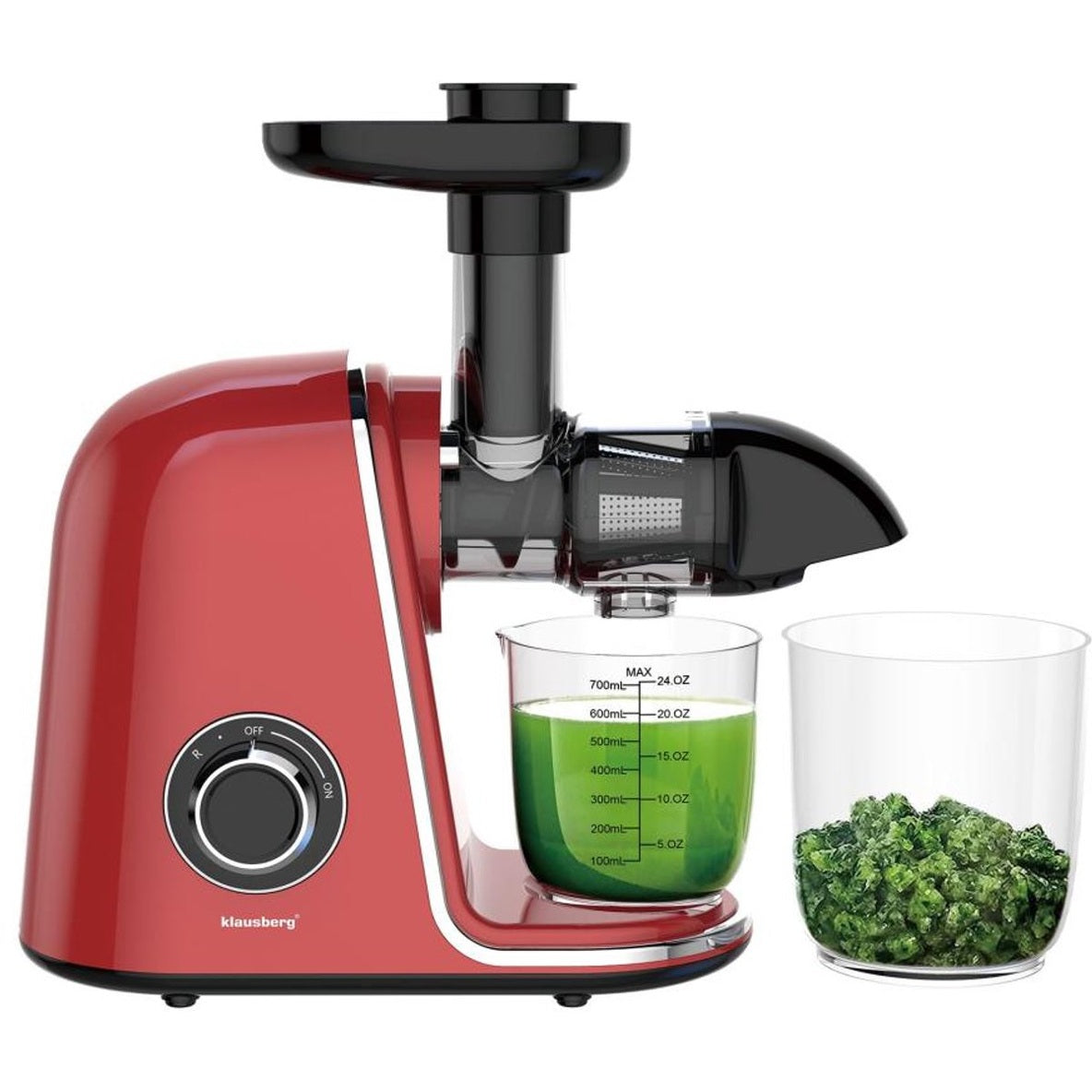 Klausberg Slowjuicer – 150W - 700ml - Groenten en Fruitpers – Met Pulpreservoir | Kersenrood | Juice Maker - Juicer met 7-Traps Perssysteem