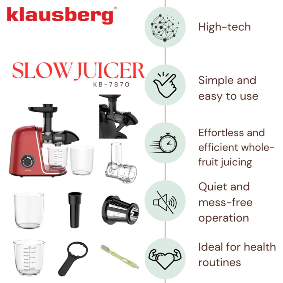 Klausberg Slowjuicer – 150W - 700ml - Groenten en Fruitpers – Met Pulpreservoir | Kersenrood | Juice Maker - Juicer met 7-Traps Perssysteem