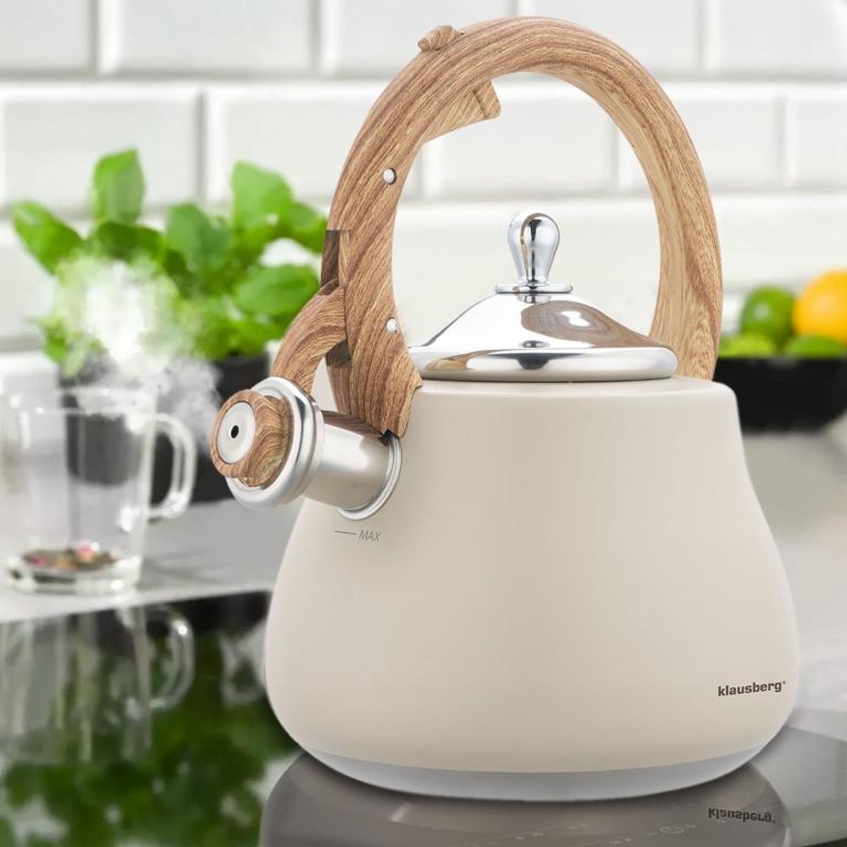 Klausberg Waterkoker 2.8L RVS - Fluitekettle voor Alle Hittebronnen (Inductie, Gas) - Beige met Hout Look Handvat - MODESTNOVA