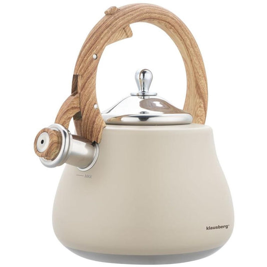 Klausberg Waterkoker 2.8L RVS - Fluitekettle voor Alle Hittebronnen (Inductie, Gas) - Beige met Hout Look Handvat - MODESTNOVA