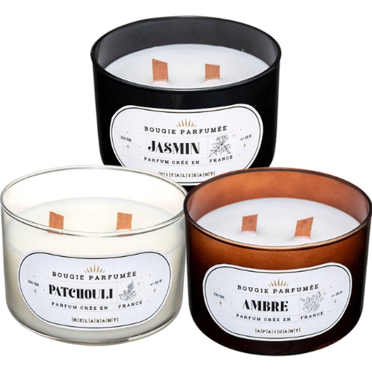 Luxe Geurkaarsen Geschenkset van 3 – Patchouli, Amber en Jasmijn – Houten Knetterlont