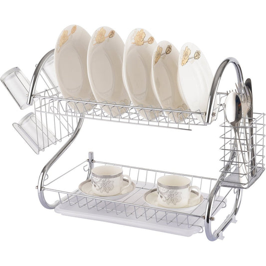 Luxe Metalen Afdruiprek Met Lekbak | Afwas Druiprek | Vaatwasser Rek Met Bestekmand | RVS | 2 Etages | Verchroomd