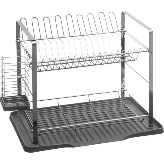 Luxe afdruiprek/afwasrek 2-laags met lekbak en verwijderbare bestekbak grijs 50 x 30,5 cm van kunststof/metaal - Afwassen