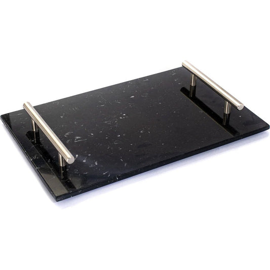 Marmeren dienblad zwart met zilveren handvaten 30 x 20 cm