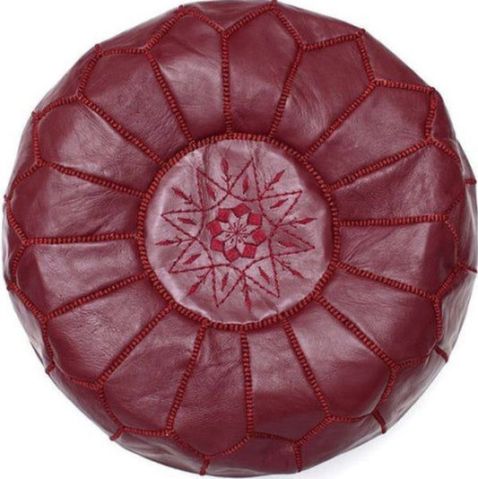 Marokkaanse Leren Poef – Handgemaakt & Gevuld Geleverd– Bordeaux Rood – Ø 45 cm – Traditioneel Geometrisch Patroon – Multifunctionele Voetenbank / Bijzettafel