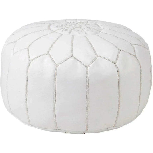 | Marokkaanse Leren Poef | Wit | 50 Ø | H 30cm | Handgemaakt | Gevuld geleverd |