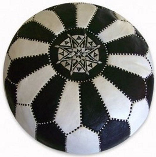 | Marokkaanse Leren Poef | Wit/Zwart | 55 Ø | H 35cm | Handgemaakt | Gevuld geleverd |