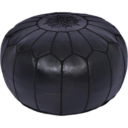 | Marokkaanse Poef | Zwart | Handgemaakt | Leer | 50 Ø | Gevuld geleverd |