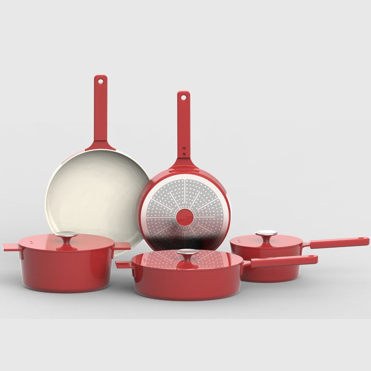 Moderne Pannenset – 4-delig + 3-delig Kookgerei | Robuust & Duurzaam Cast Aluminium Kookgerei - Rood