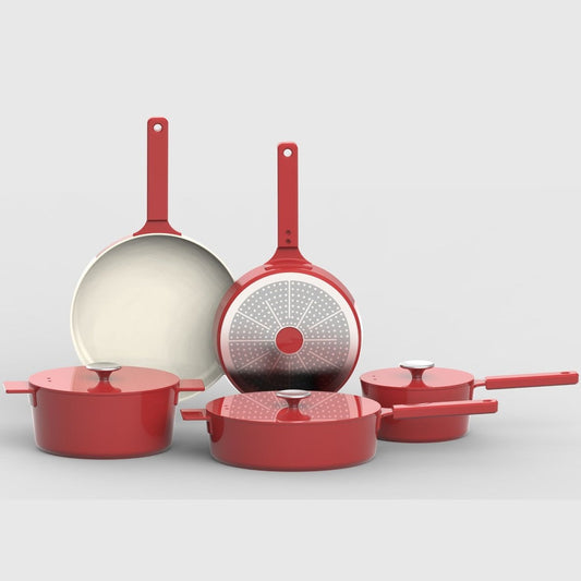 Moderne Pannenset – 4-delig + 3-delig Kookgerei | Robuust & Duurzaam Cast Aluminium Kookgerei - Rood