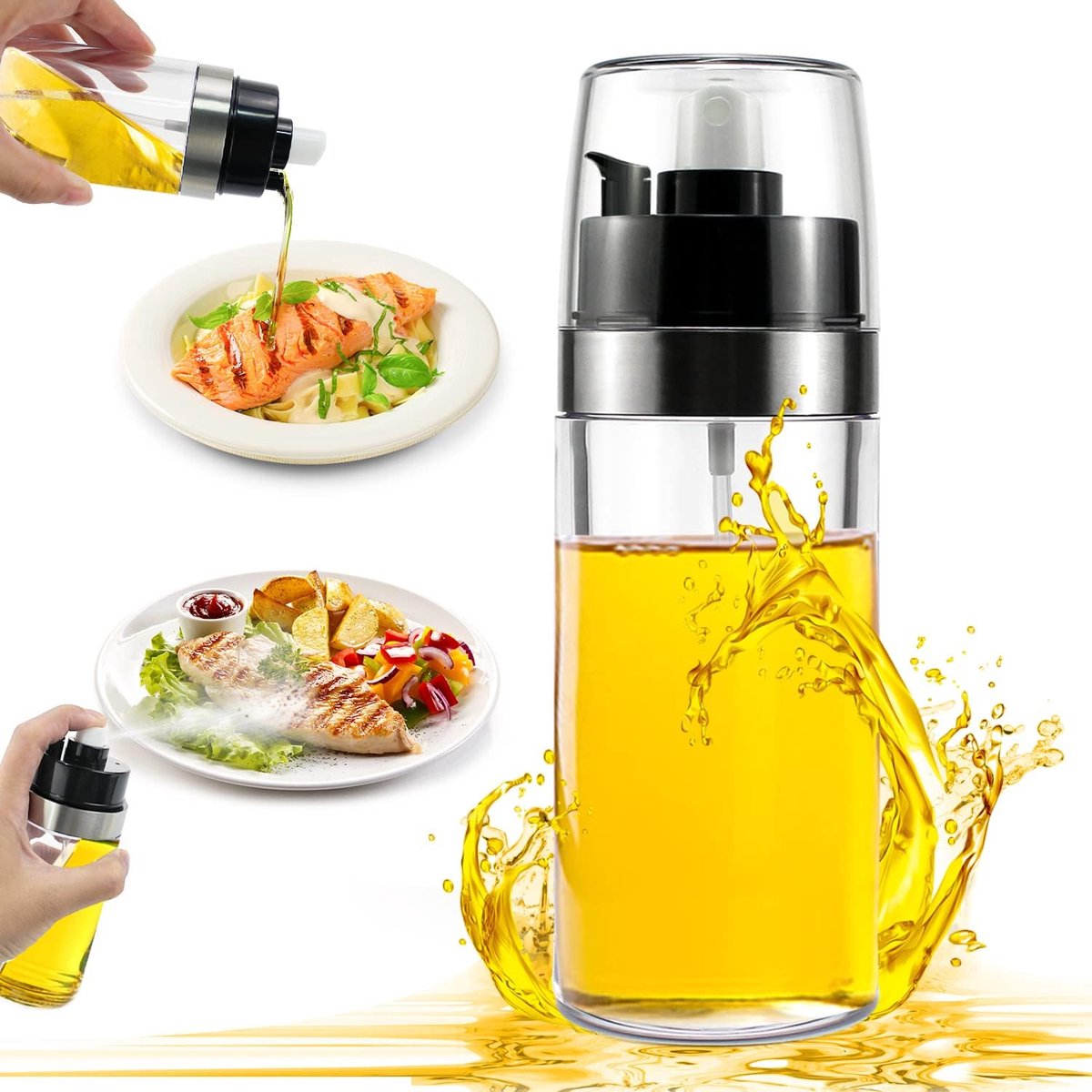 Oliesproeier voor spijsolie oliefles 150 ml, spuiten en gieten 2-in-1 oliespuitfles oliespray voor het koken, oliedispenser, oliesprayer, spray olie en azijndispenser