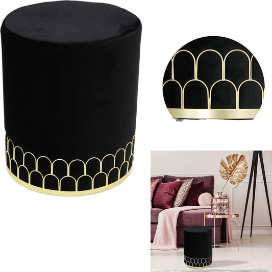 Poef Fluweel Zwart Met Goud- 36x42x36 cm