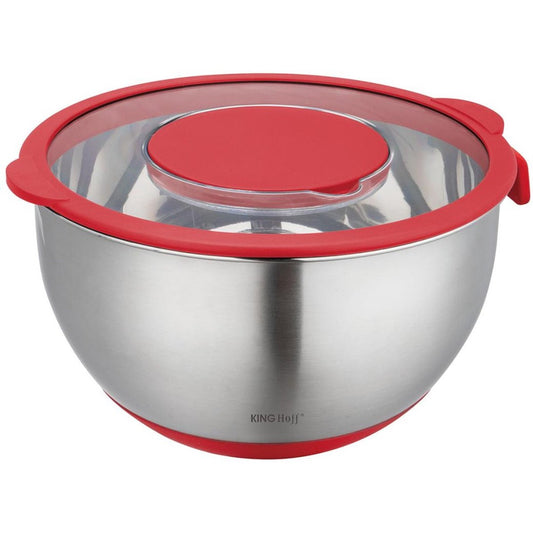RVS Mengkom met Deksel – Multifunctioneel (5L, Rood) – Inclusief 3 Raspstanden, Maatverdeling en Antislip Rand – Voor Mengen, Raspen en Opslaan