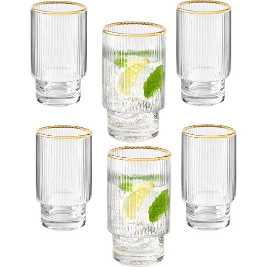 Ripple longdrinkglazen - Goude rand - 6 Delig Set -295 ml - Origami-stijl - glazen beker - Ripple vintage glaswerk