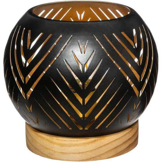 Ronde LED lantaarn - Exotische uitstraling - Ø14.5 cm - Houten voet - Metaal