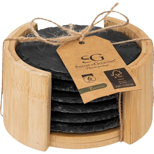 Secret de Gourmet Glasonderzetters - in rekje - 6ST - antraciet - leisteen - 10 cm