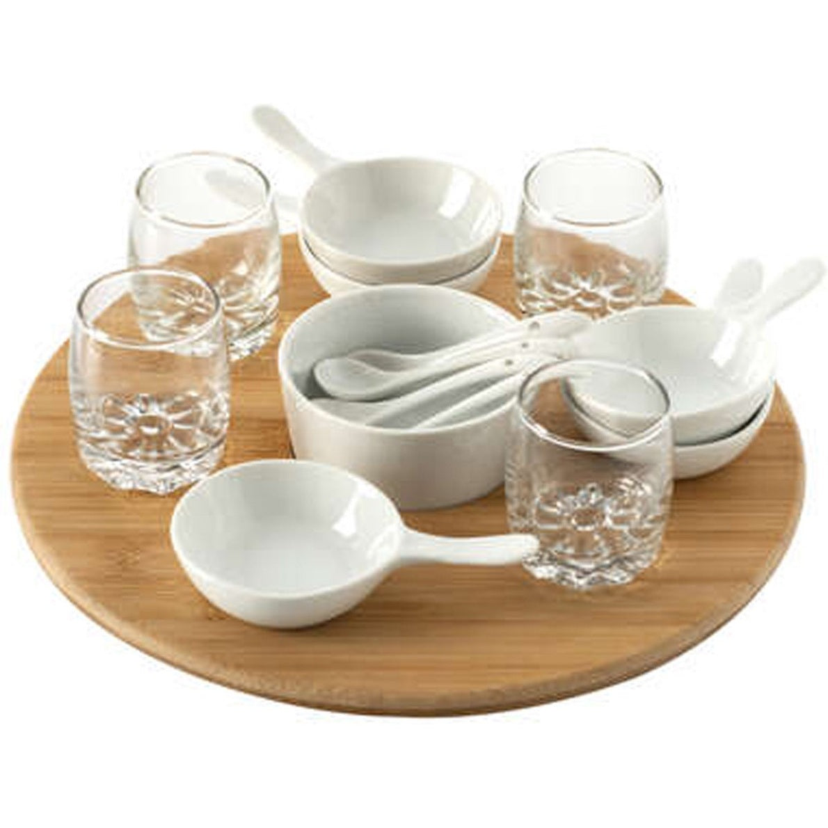 Secret de Gourmet Serveerplank/amuse/aperitief hapjes - bamboe/porselein - wit - voor 4x personen - 14-delig - keuken/tafelen - draaiplateau