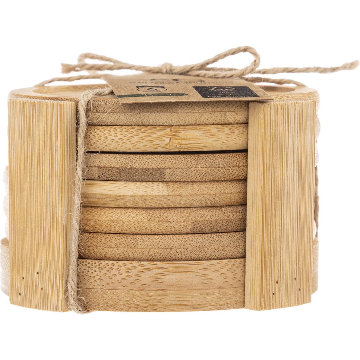 Secret de Gourmet glazen Onderzetters - 6x stuks - bamboe hout - rond - D10 cm - glazenonderzetter - in houder