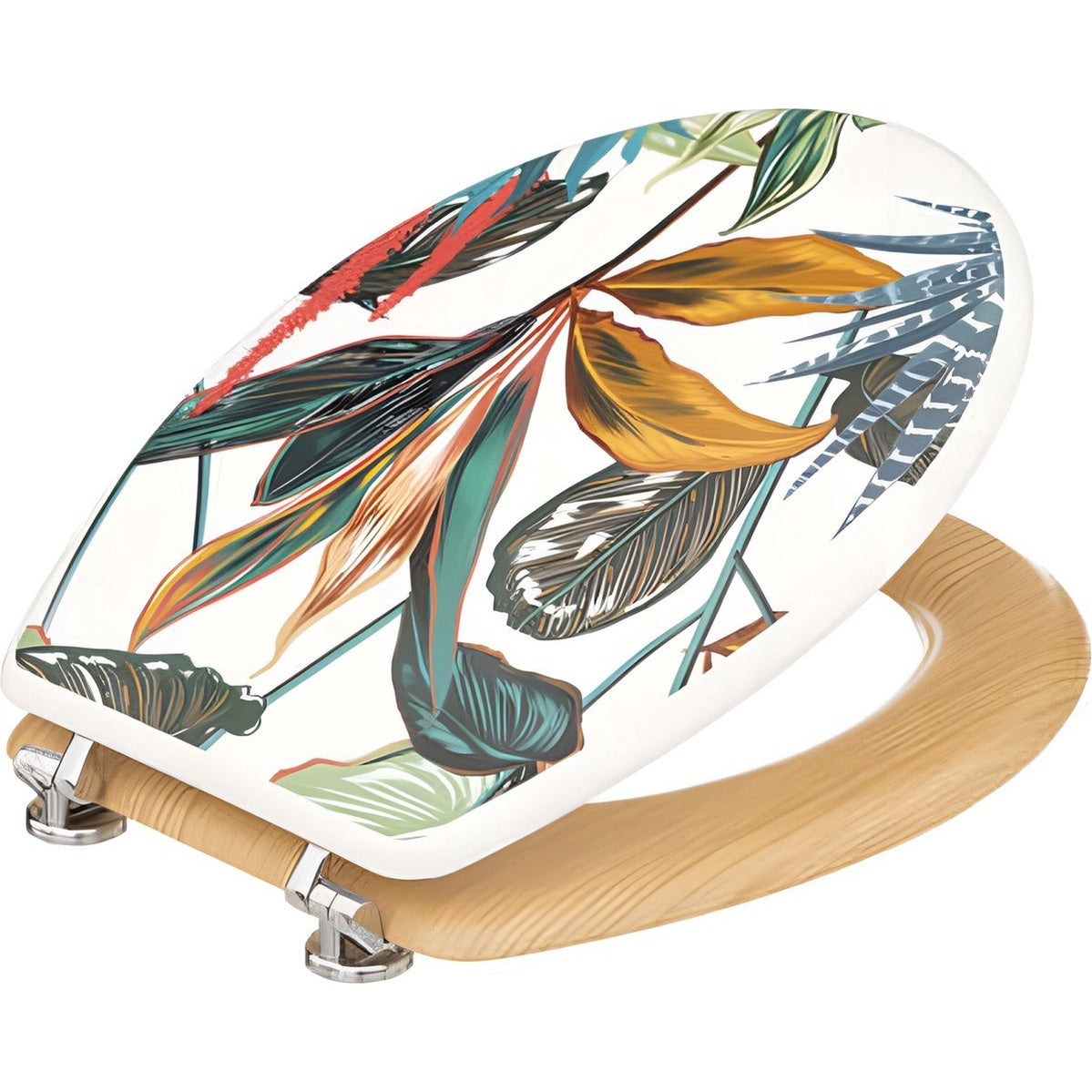 Set Toiletbril & Prullenbak – Tropische Bladeren Design – Bamboe Pedaalemmer 3L + MDF Toiletdeksel – Badkameraccessoires