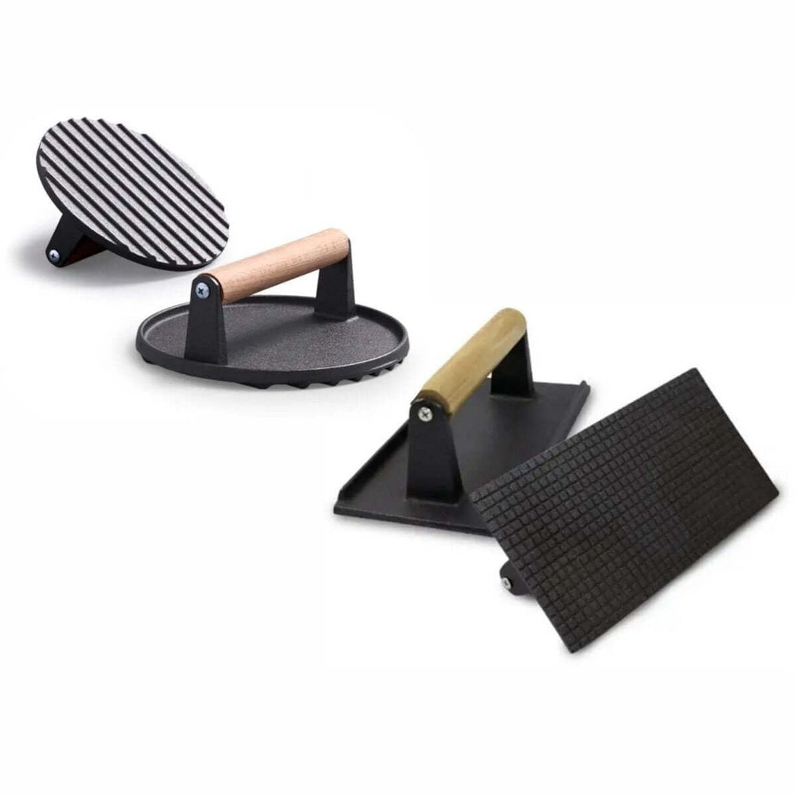 Set van 2 Gietijzeren Hamburgerpressen XL - Ronde & Rechthoekige BBQ Press voor Hamburgers, Smashburgers en Groenten - Met Houten Handvat - Grillaccessoires - BBQ Accessoire / Kamado Accessoires