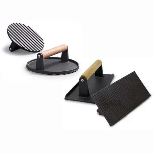 Set van 2 Gietijzeren Hamburgerpressen XL - Ronde & Rechthoekige BBQ Press voor Hamburgers, Smashburgers en Groenten - Met Houten Handvat - Grillaccessoires - BBQ Accessoire / Kamado Accessoires