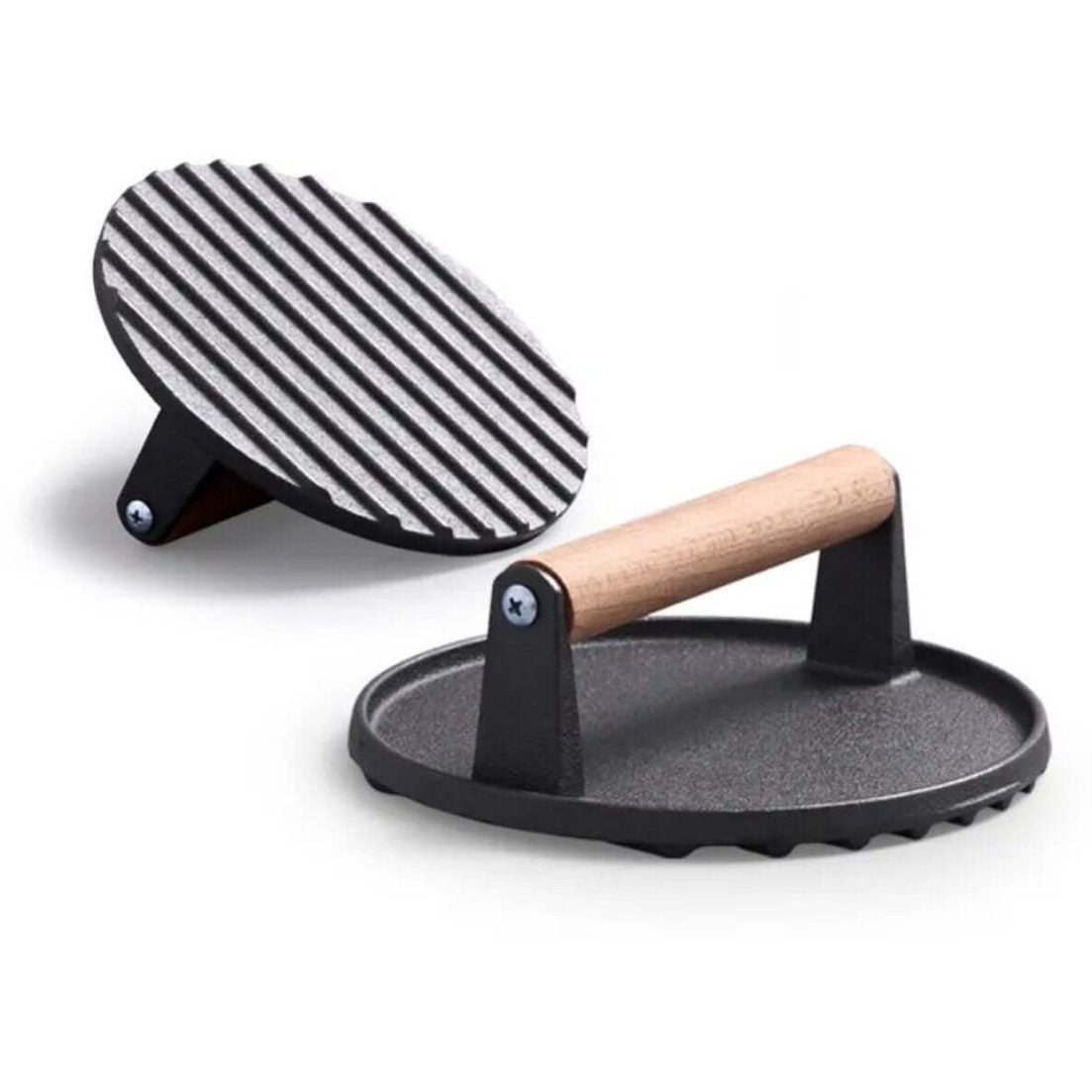 Set van 2 Gietijzeren Hamburgerpressen XL - Ronde & Rechthoekige BBQ Press voor Hamburgers, Smashburgers en Groenten - Met Houten Handvat - Grillaccessoires - BBQ Accessoire / Kamado Accessoires