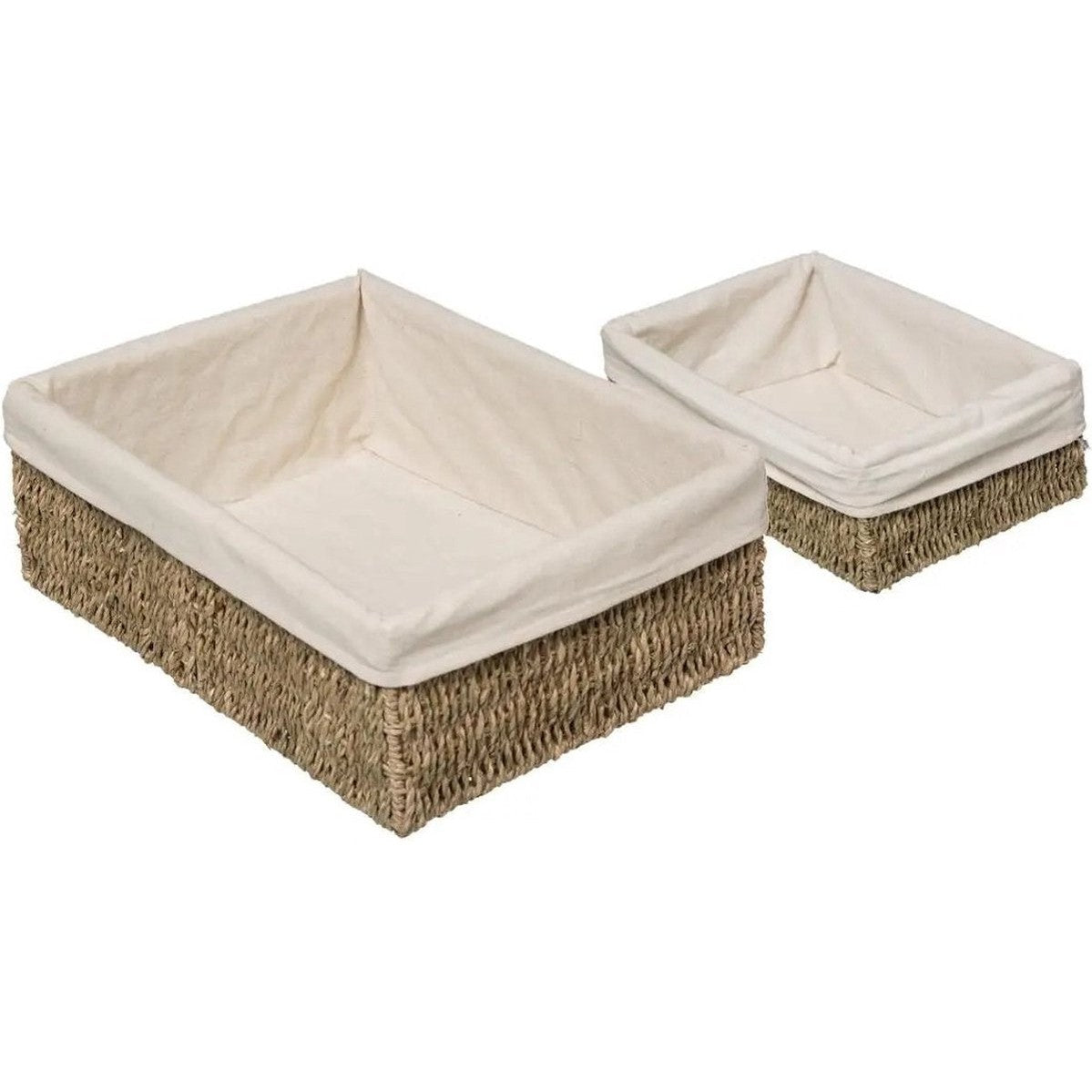 Set van 2x gevlochten opbergmanden zeegras met katoenen hoes - Kast-/badkamer mandjes verschillende formaten