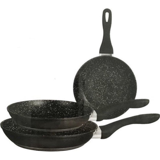 Set van 3 Koekenpannen - Stenen Coating - Zwart - Inductie - Alle Warmtebronnen