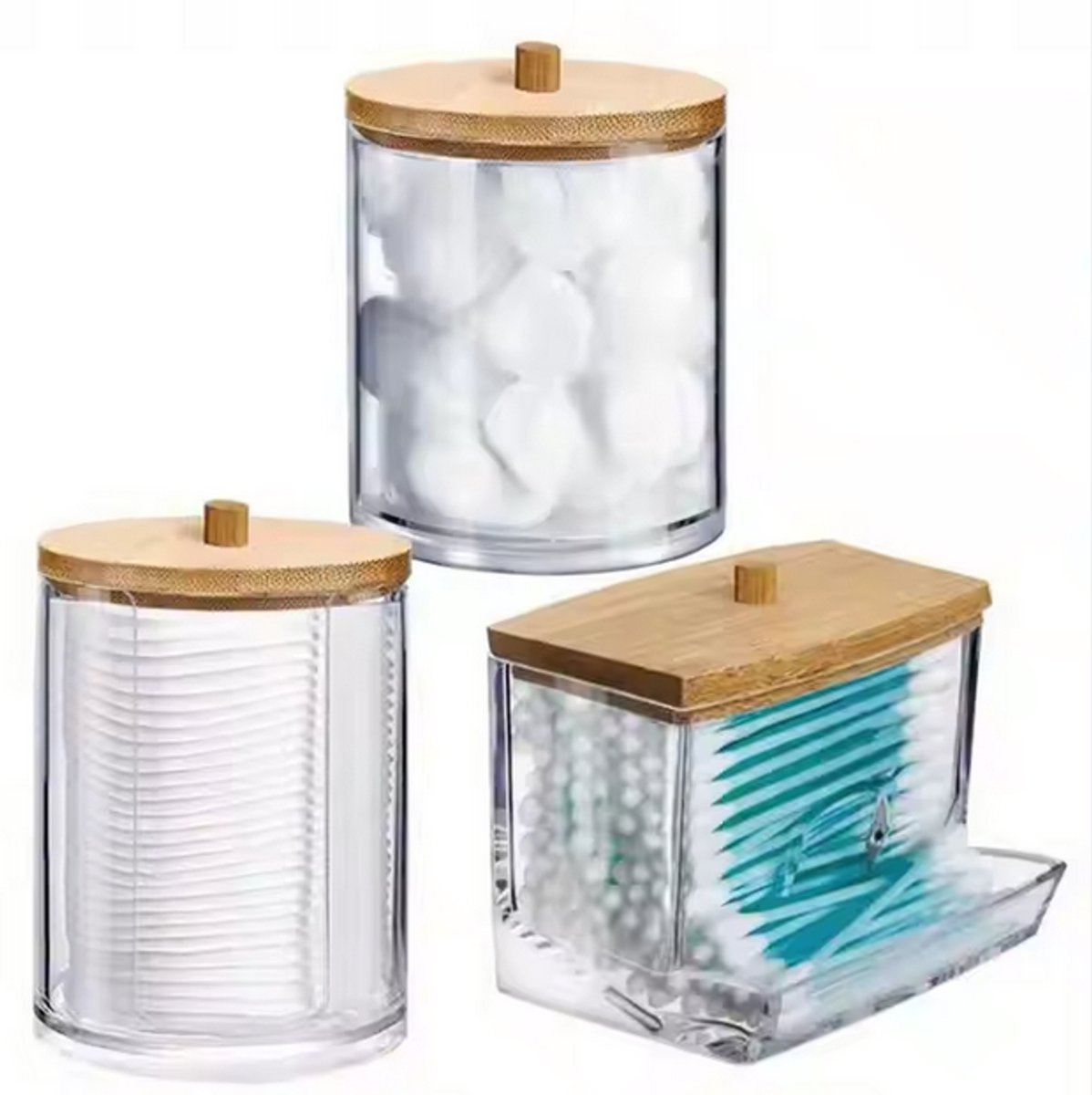 Set van 3 Wattenhouders – Badkamerorganizer met Houten Dekseks voor Wattenstaafjes, Wattenschijfjes en Wattenbolletjes - Stofvrij