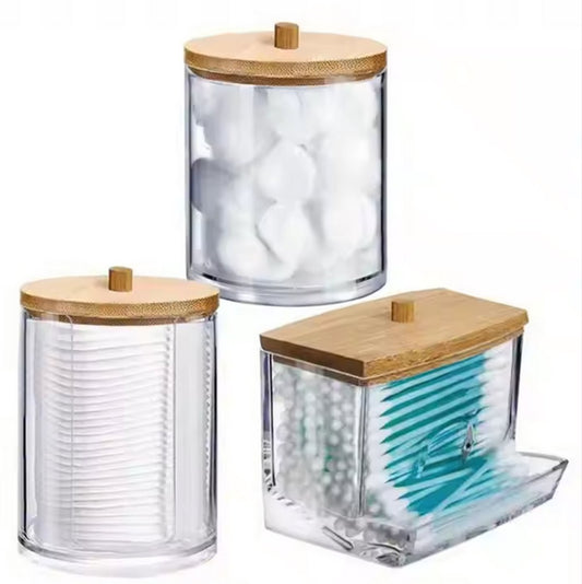 Set van 3 Wattenhouders – Badkamerorganizer met Houten Dekseks voor Wattenstaafjes, Wattenschijfjes en Wattenbolletjes - Stofvrij