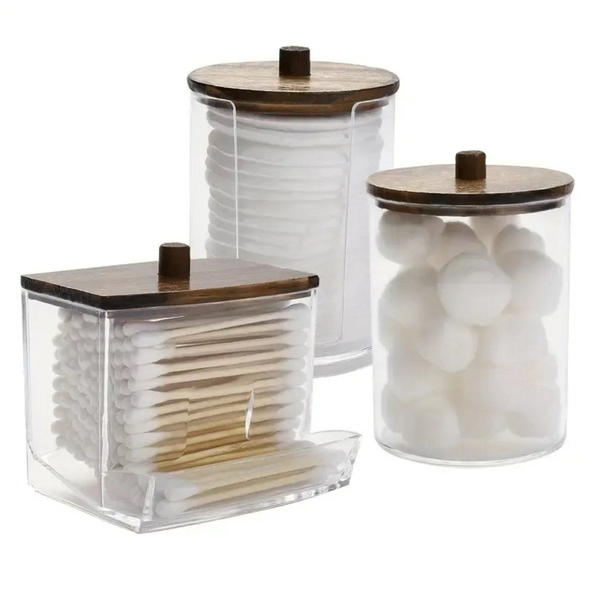 Set van 3 Wattenhouders – Badkamerorganizer met Houten Dekseks voor Wattenstaafjes, Wattenschijfjes en Wattenbolletjes - Donkerbruin - Stofvrij