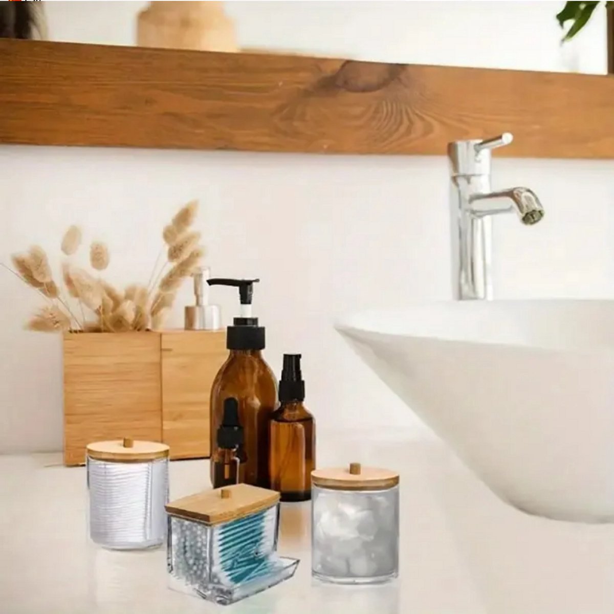 Set van 3 Wattenhouders – Badkamerorganizer met Houten Dekseks voor Wattenstaafjes, Wattenschijfjes en Wattenbolletjes - Stofvrij