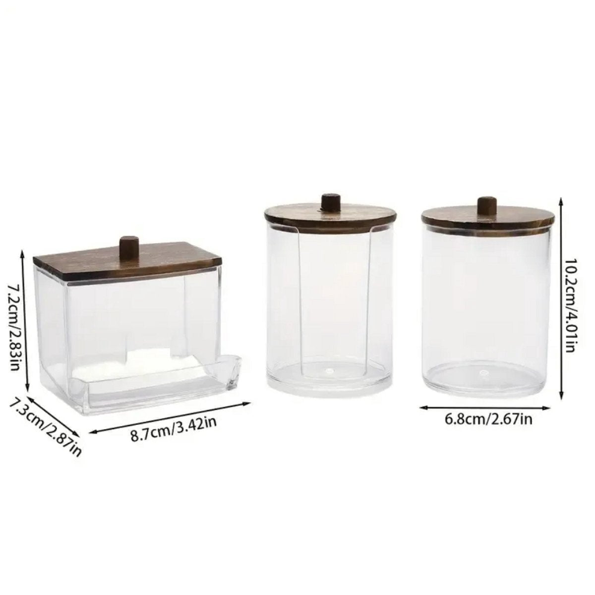 Set van 3 Wattenhouders – Badkamerorganizer met Houten Dekseks voor Wattenstaafjes, Wattenschijfjes en Wattenbolletjes - Donkerbruin - Stofvrij