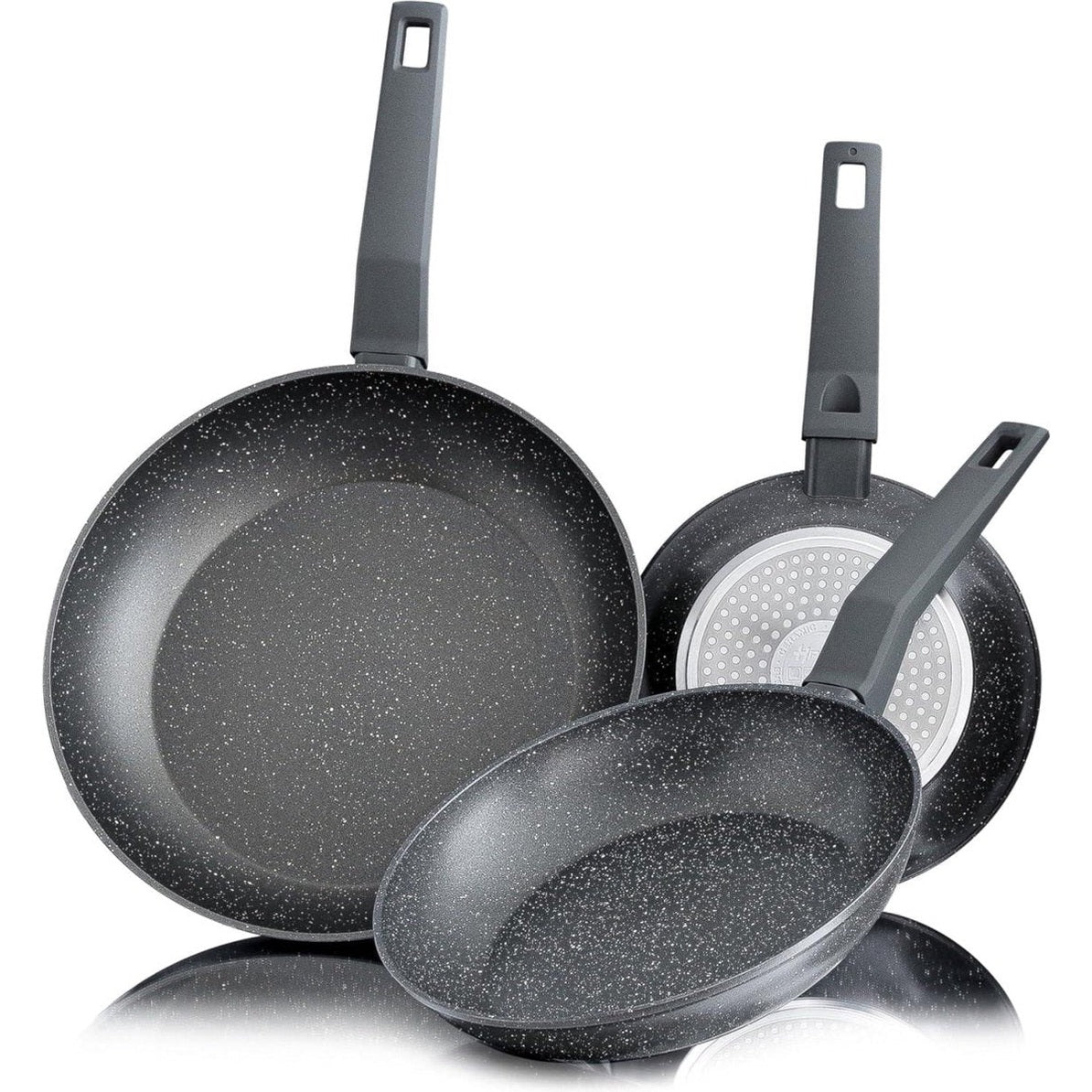 Set van 3-delig Hakal koekenpannen stenen coating - Grijs -Inductie - Ø 20, 24 & 28 cm - Soft-Touch Handgrepen - Anti-Aanbaklaag