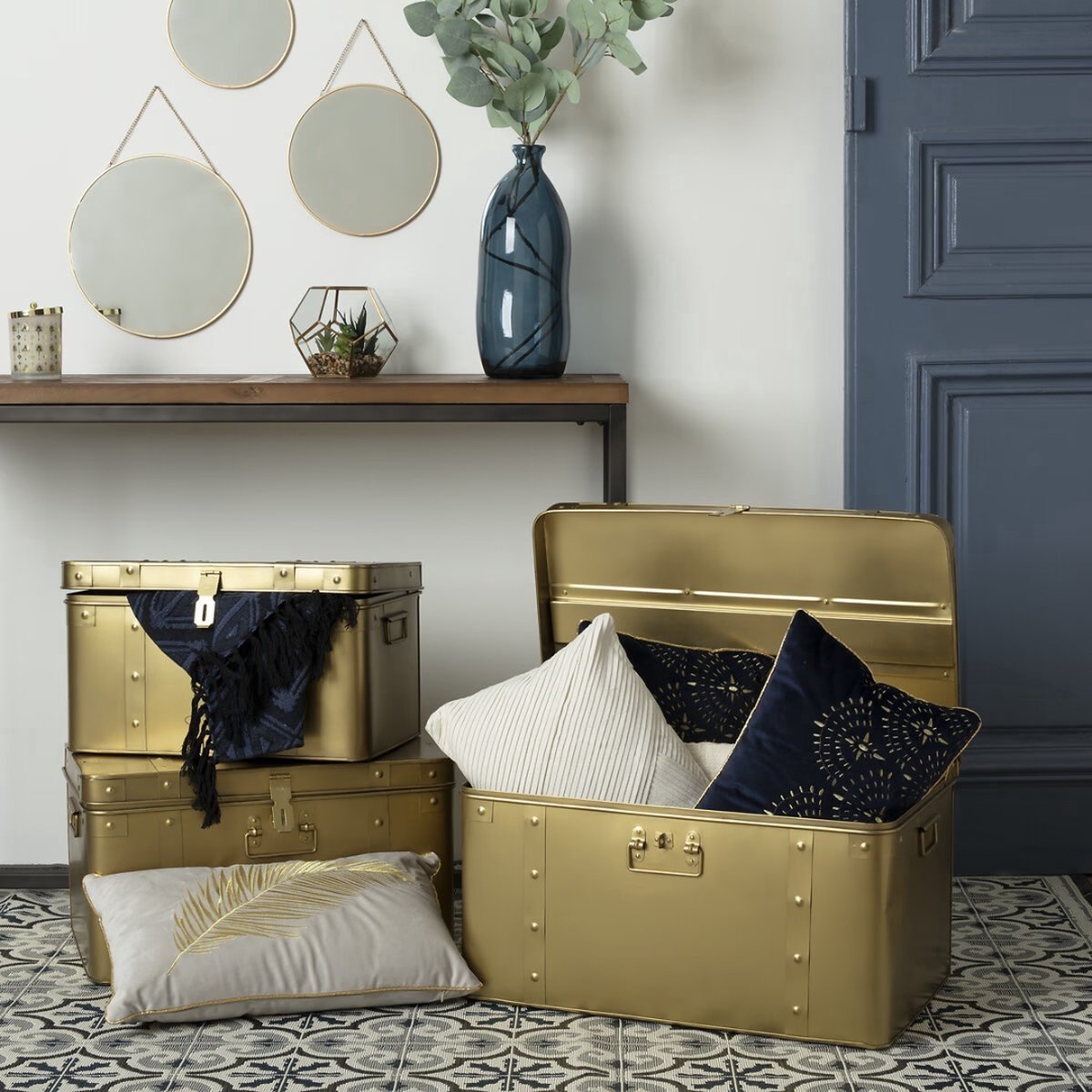 Set van 3 ronde gouden spiegels - Metaal - Zwart