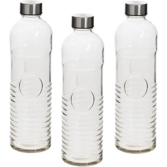Set van 3x stuks waterflessen/drinkflessen 1 liter van gehard ribbel glas - Glazen drink flessen