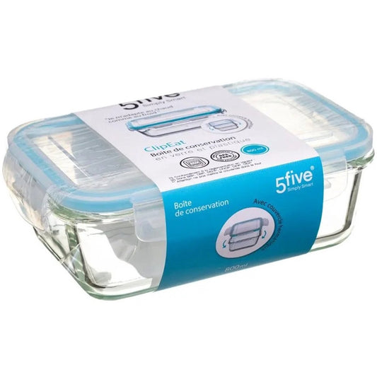 Set van 5 Kristalglas Lunchboxen – 800 ml Vershoudbakjes met Lichtblauw Randje – Glazen Lunchbox voor Salade, Maaltijden of Meal Prep – 18,5 x 12,5 x 6 cm