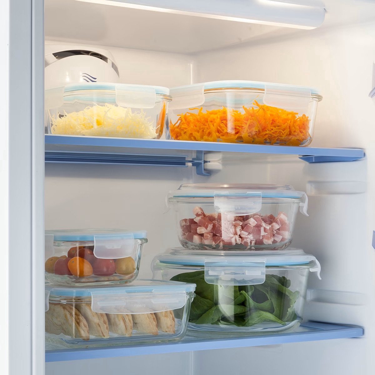 Set van 5 Kristalglas Lunchboxen – 800 ml Vershoudbakjes met Lichtblauw Randje – Glazen Lunchbox voor Salade, Maaltijden of Meal Prep – 18,5 x 12,5 x 6 cm