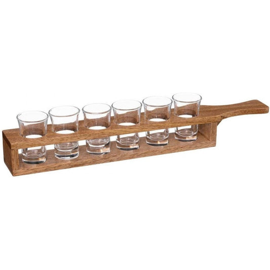 Shotplateau - glas en hout - 6 shotglaasjes