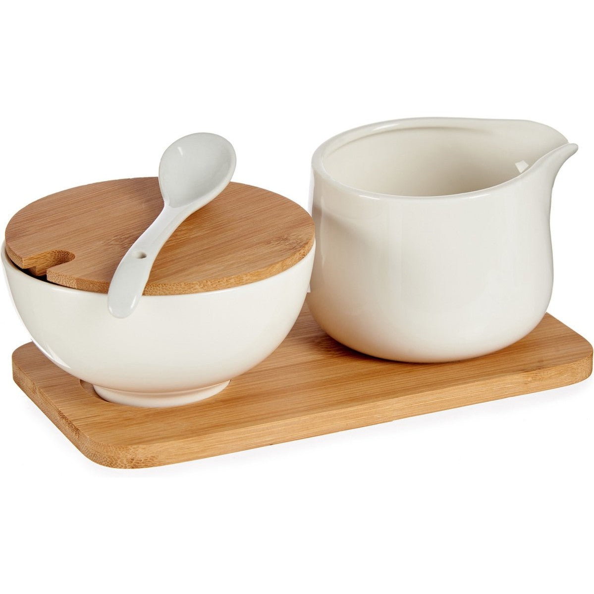 Suiker en melk serveren setje van keramiek met bamboe 19 cm