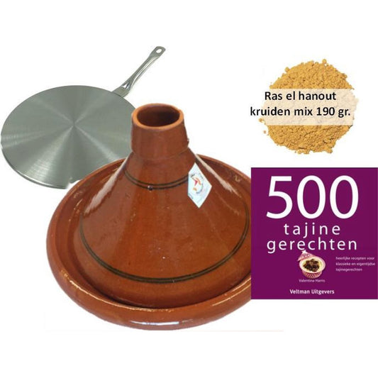 Tajine set inductie, 6 pers tajine, 190 gr kruiden, kookboek, inductie adapter