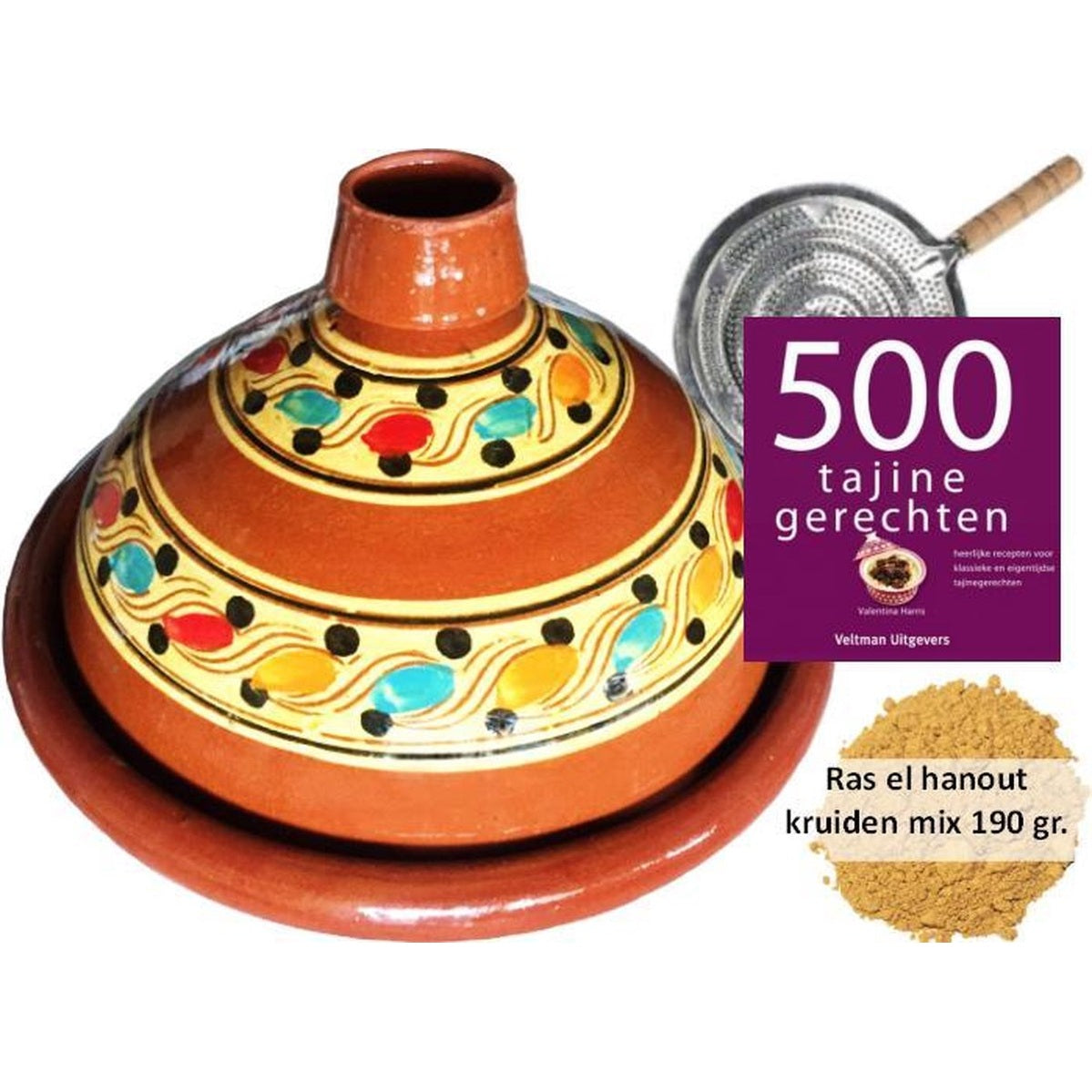 Tajine set voor 4 personen - 190 gr kruiden - incl. kookboek - vlammenverdeler