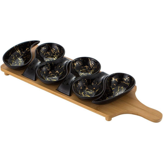 Tapasplank met Schaaltjes - Serveerplank - Borrelplank met 6 porselein schaaltjes Marmerlook - zwart